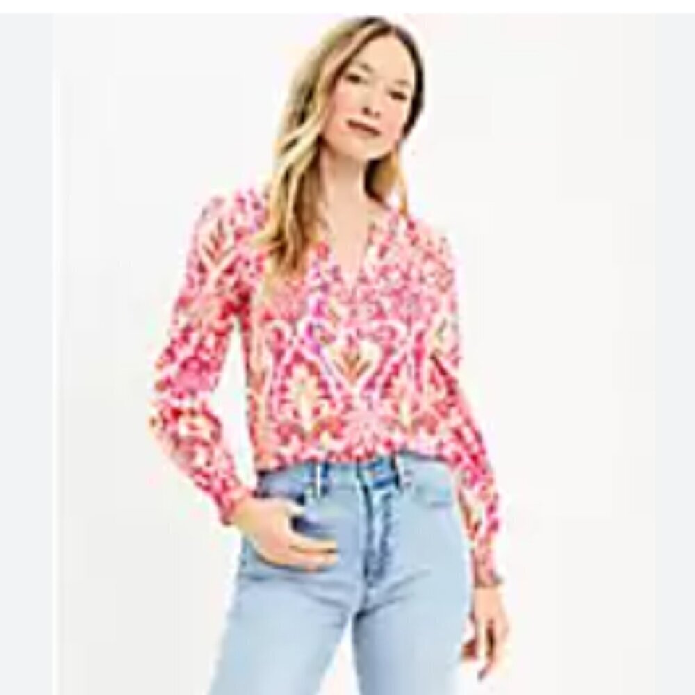 LOFT Paisley Smock Cuff V-Neck Blouse, Size Small - Picture 2 of 12